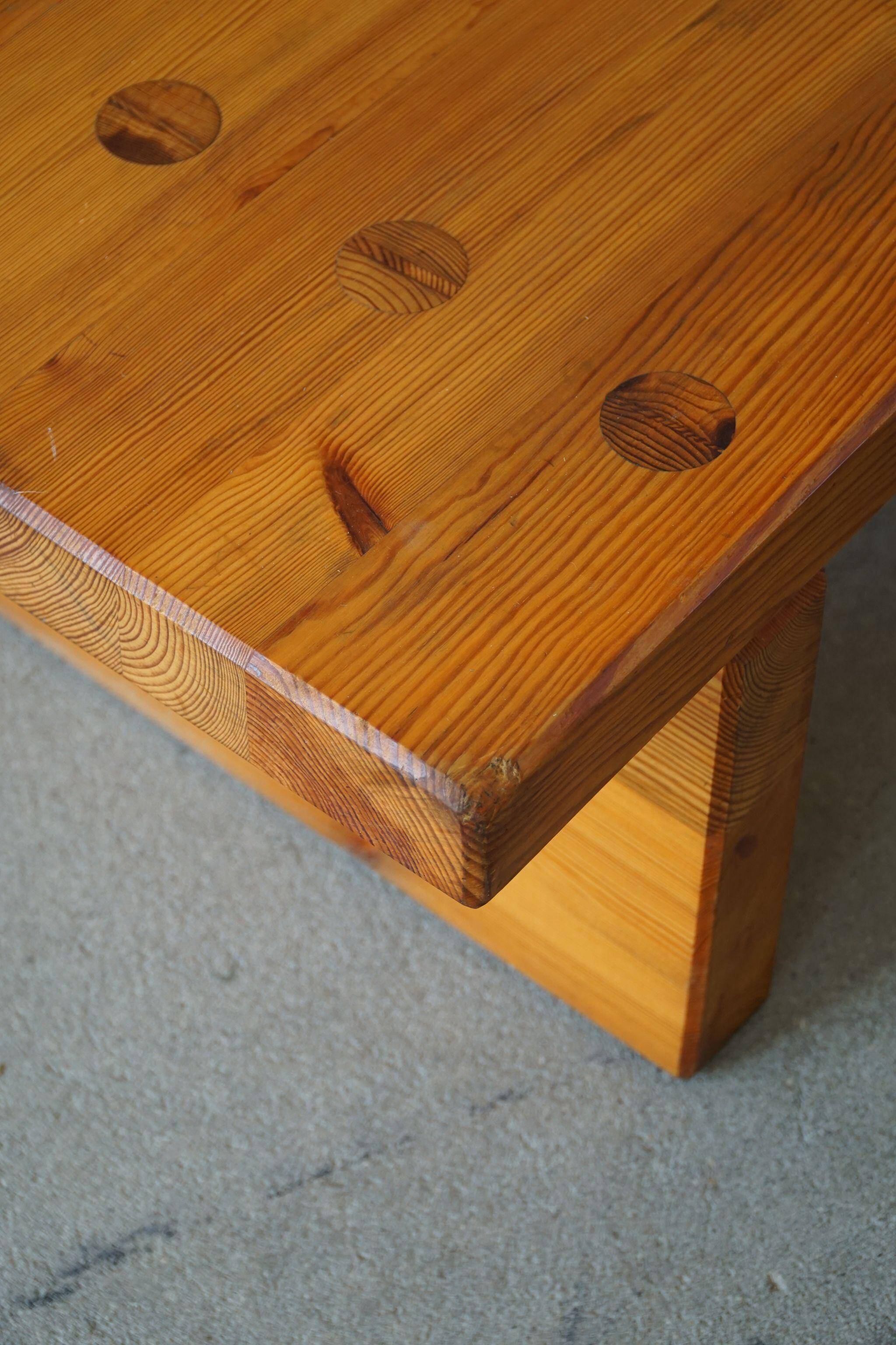 Square coffee table in solid pine in Swedish modern style by Sven Larsson, brutalism, 1970s.