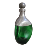 Vintage French green glass and pewter carafe - 1930s handcrafted bottle with stopper