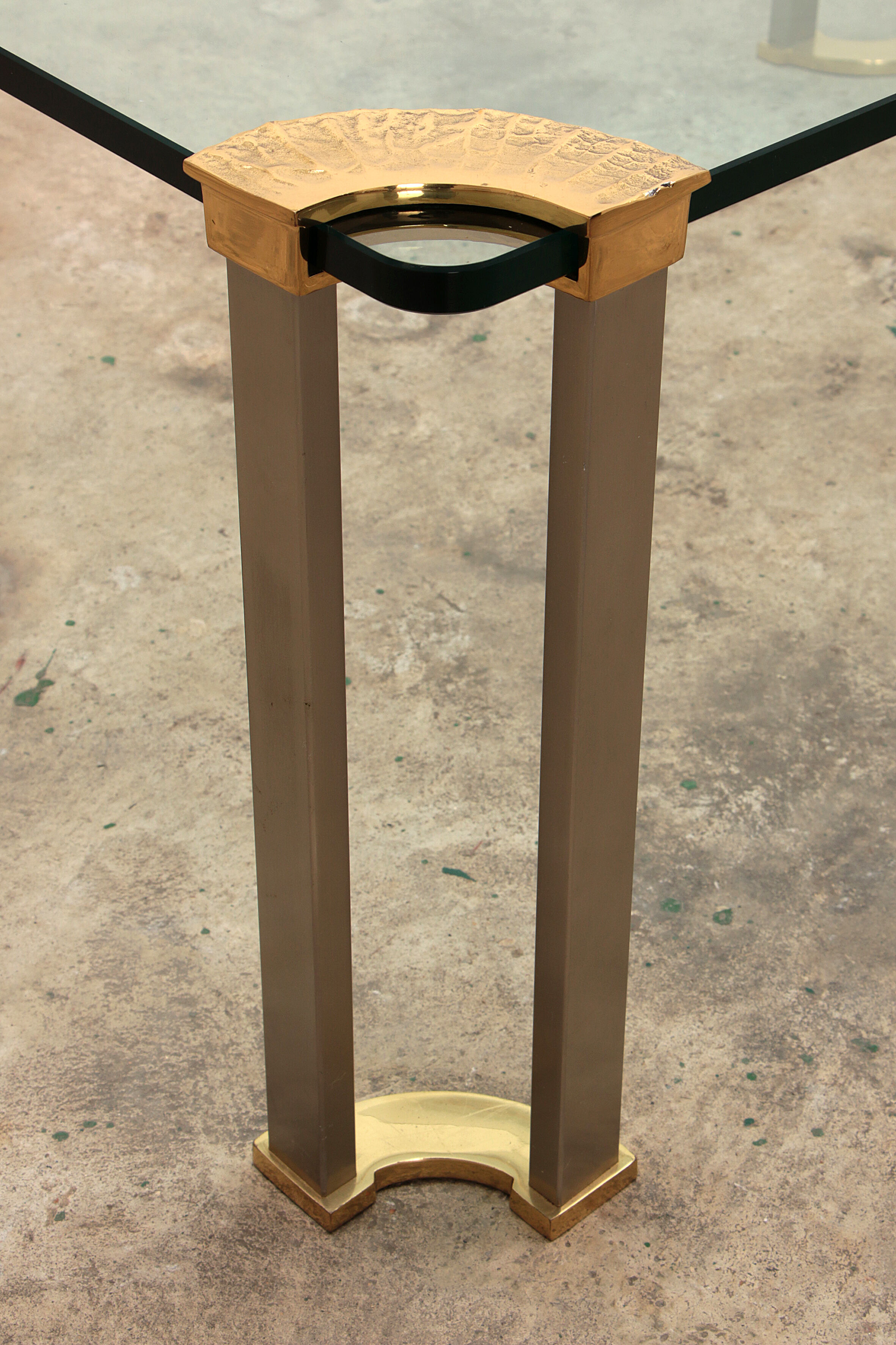 Hollywood regency gold glass coffee table with glass side table 1970