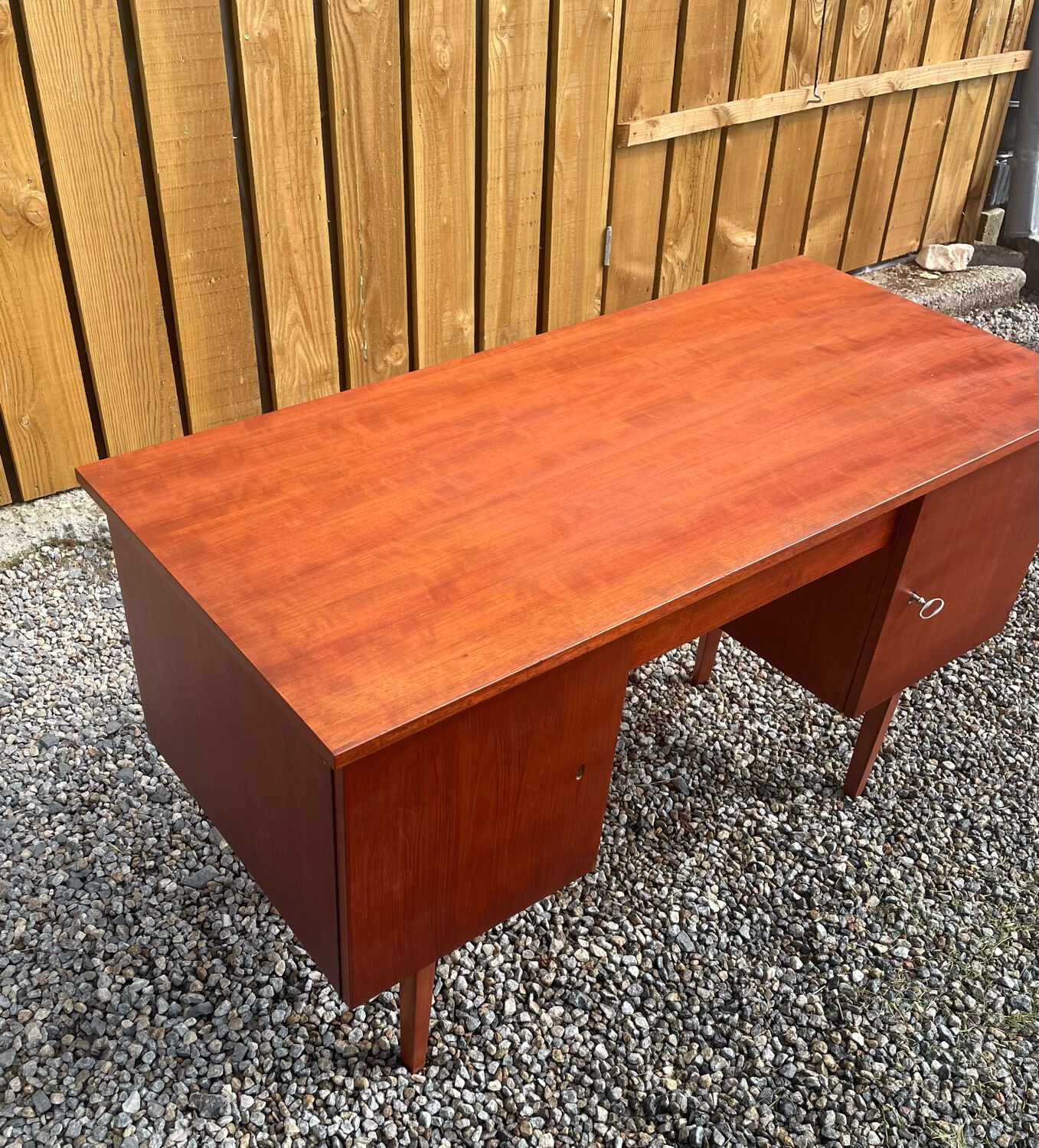 Vintage wooden desk teak veneer sixties conical legs 1 drawer