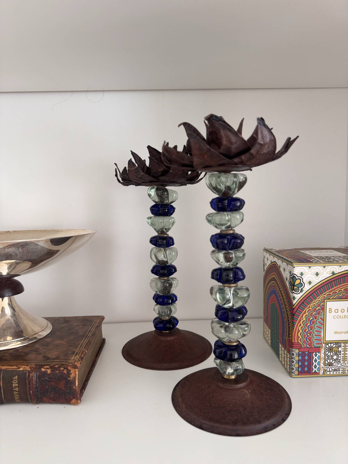 Pair of mid-century candlesticks in brass and glass beads, base in