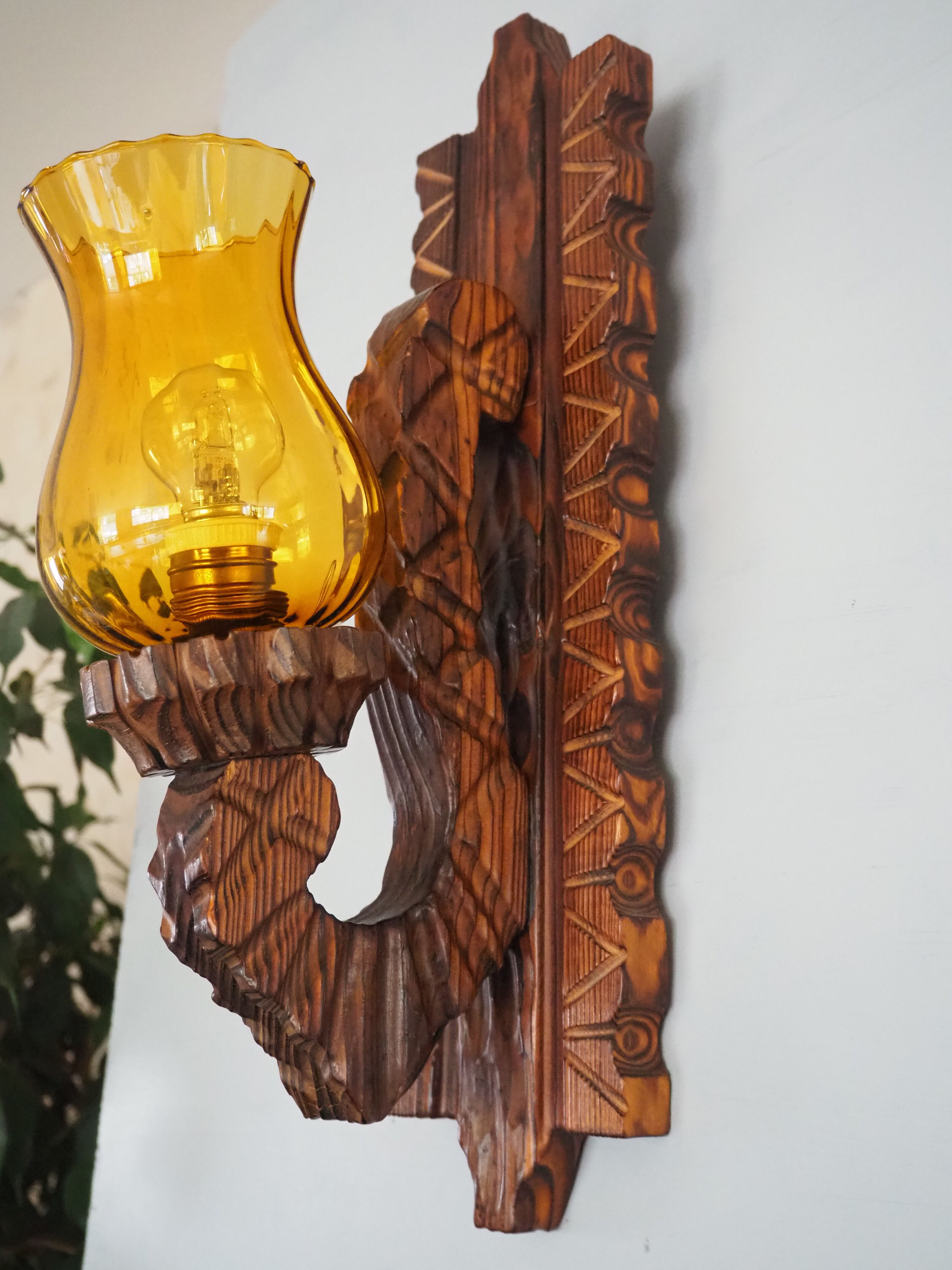 Wall sconce wooden and yellow glass tulip globe