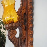 Wall sconce wooden and yellow glass tulip globe