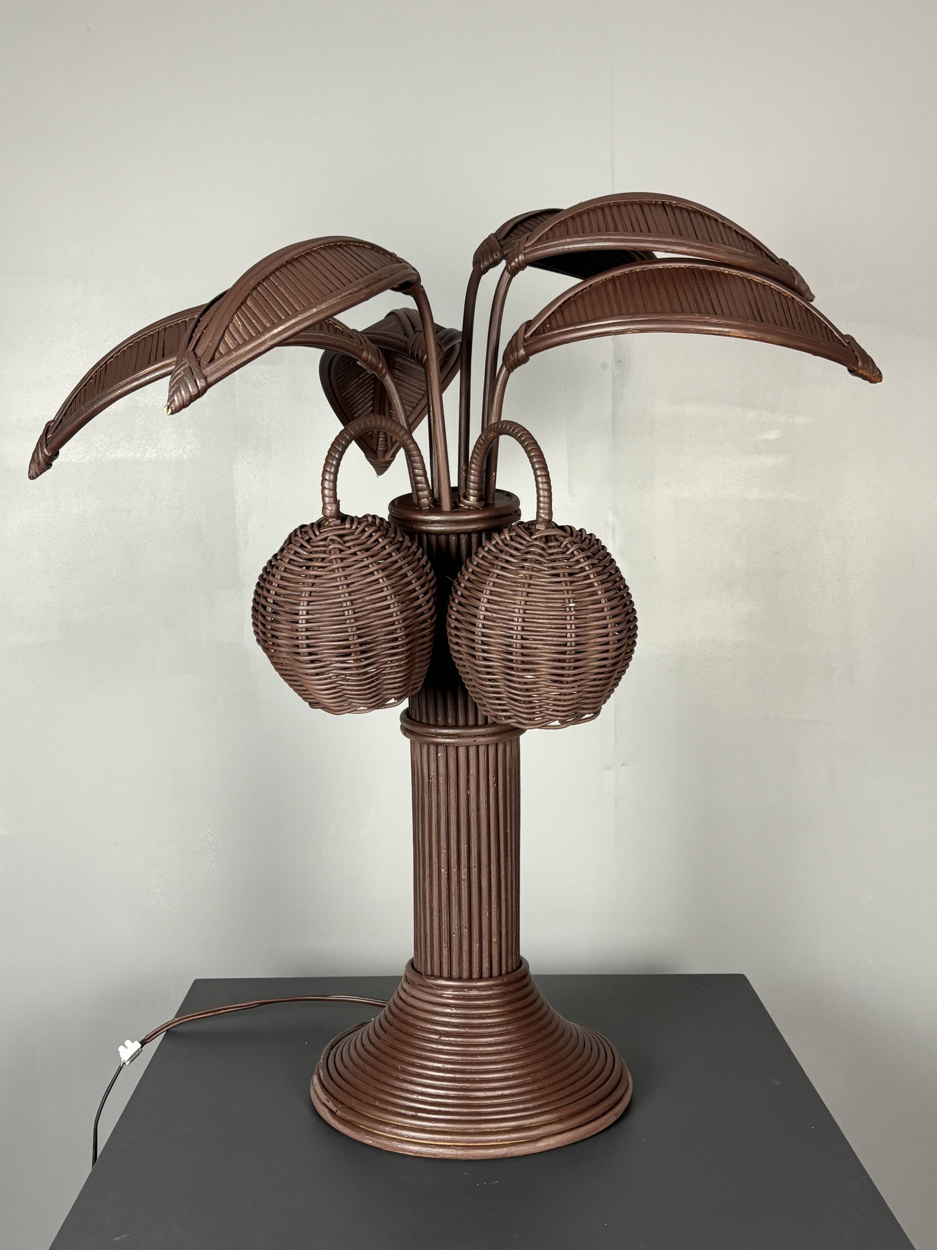 Pencil reed rattan bamboo palm tree coconut table lamp Maro Lopez style 70s