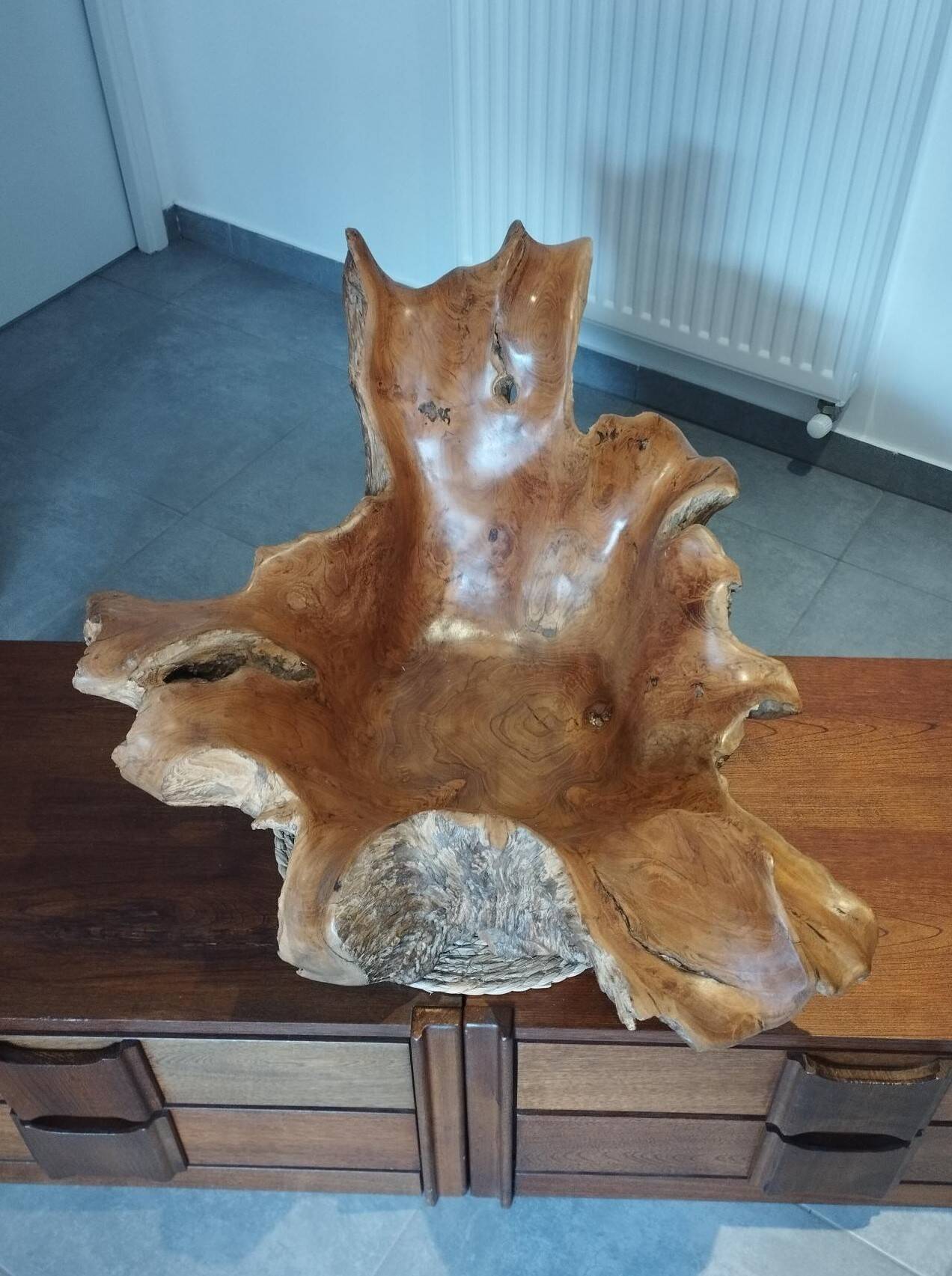 Sculptural wooden centrepiece, organic bowl, brutalist.