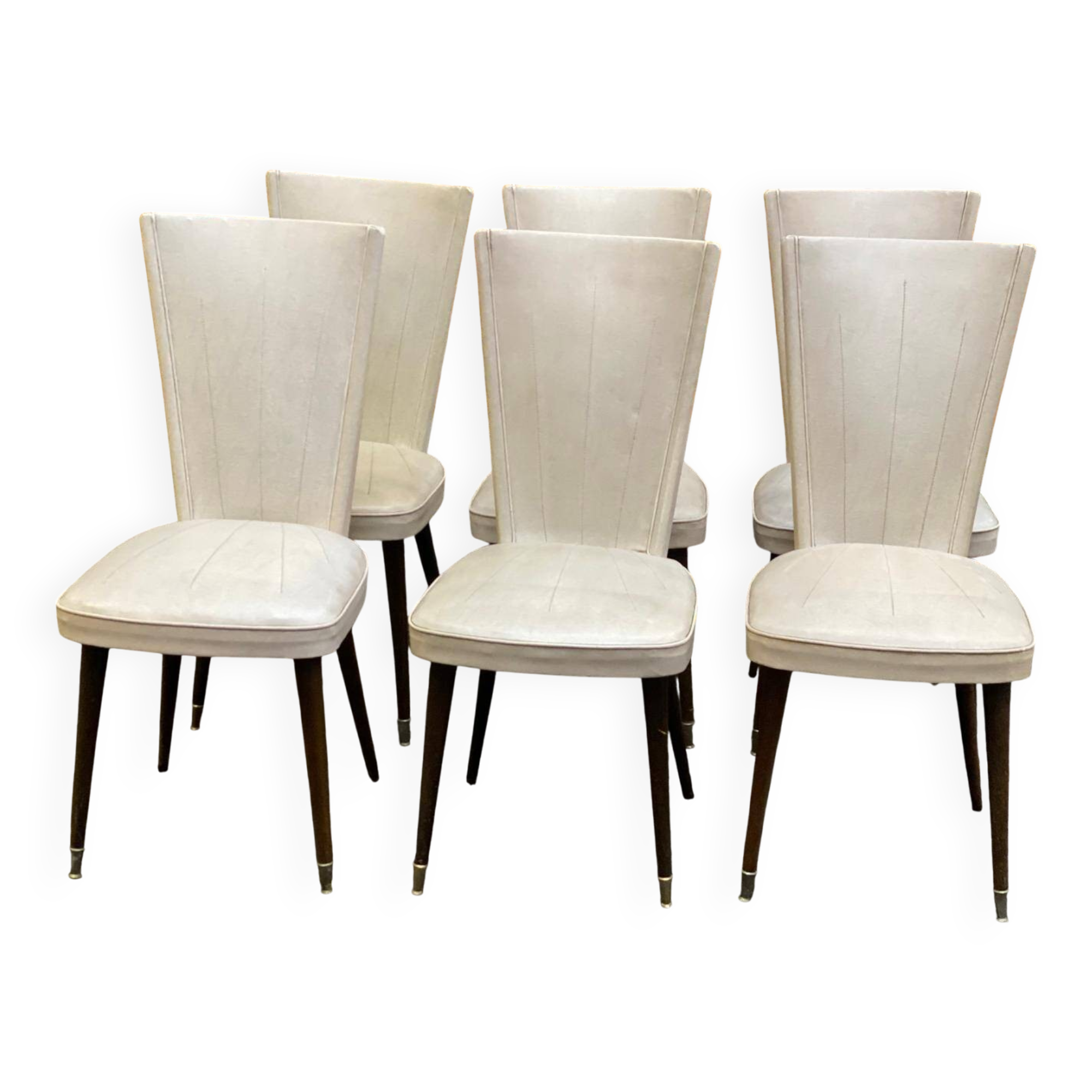 6 vintage Scandinavian chairs in solid wood and beige leather, circa 1960