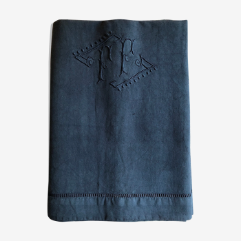 Old linen and cotton sheet dyed in night blue