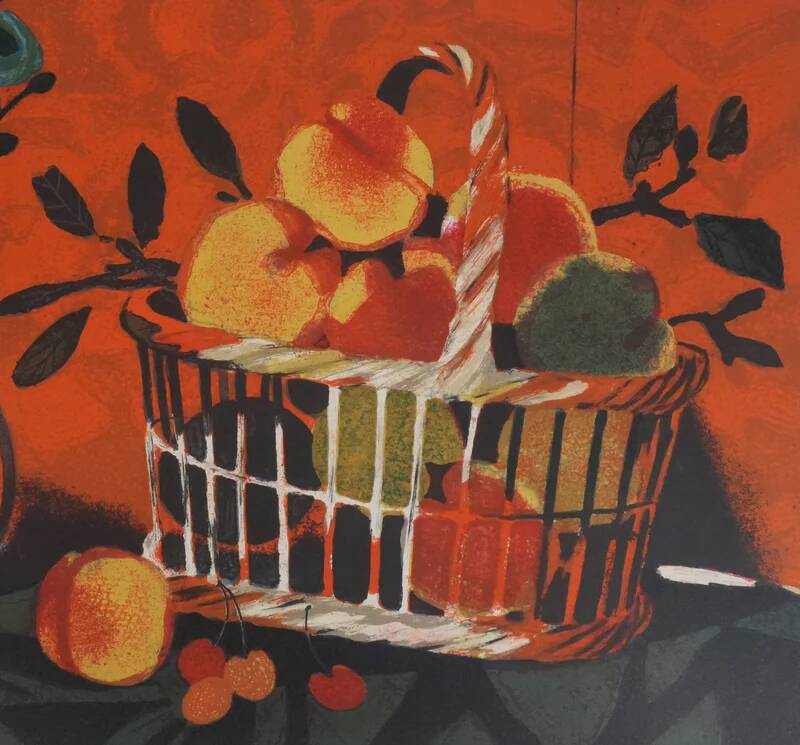 Yves Ganne : Le panier de pêches, lithographie originale signée