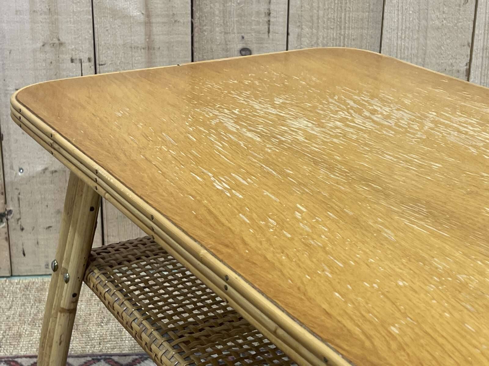 Rattan coffee table and caned shelf from the 1970s.