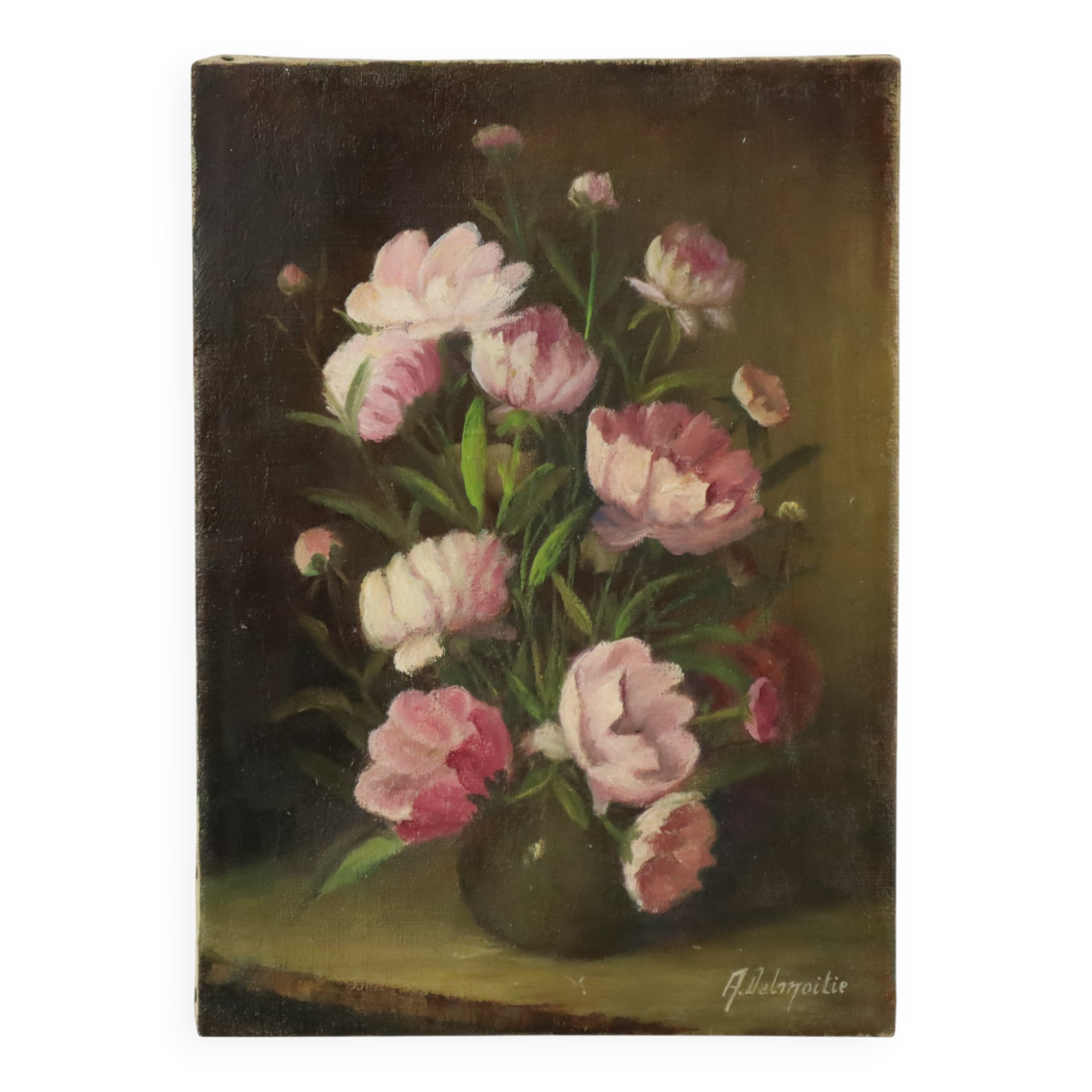 Pink Flowers Still Life Colorful Painting Signed 35x25cm