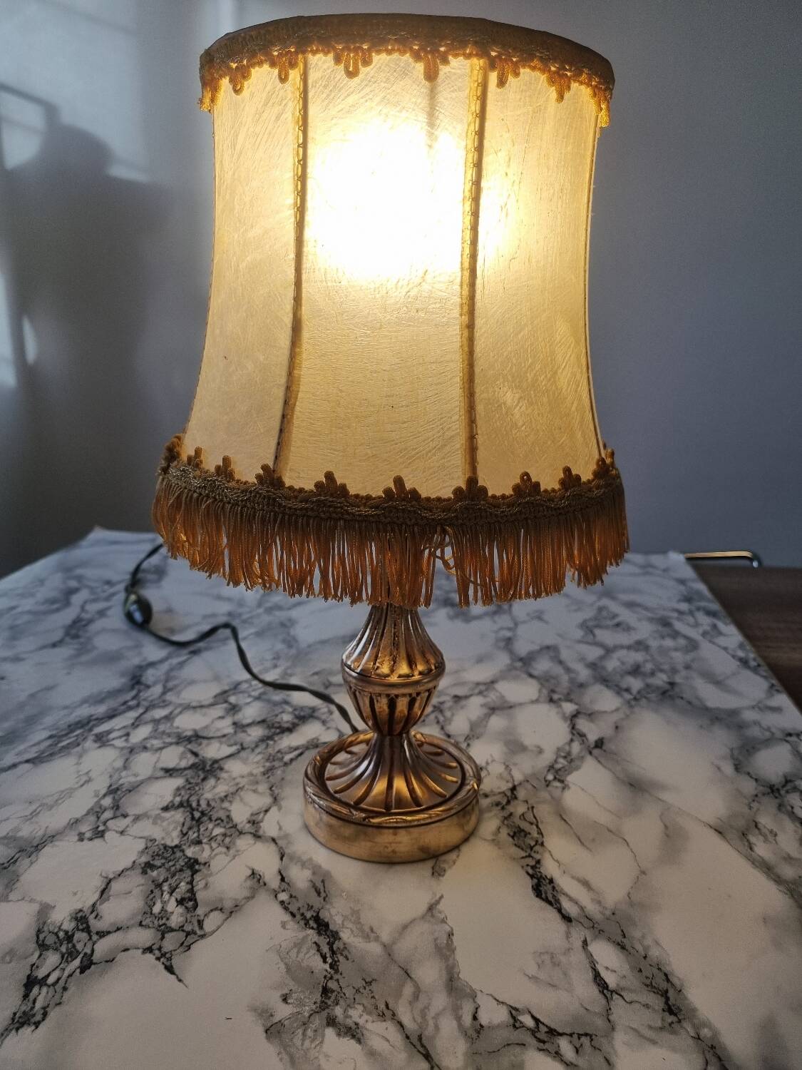 Brass lamp with vintage mother-of-pearl lampshade