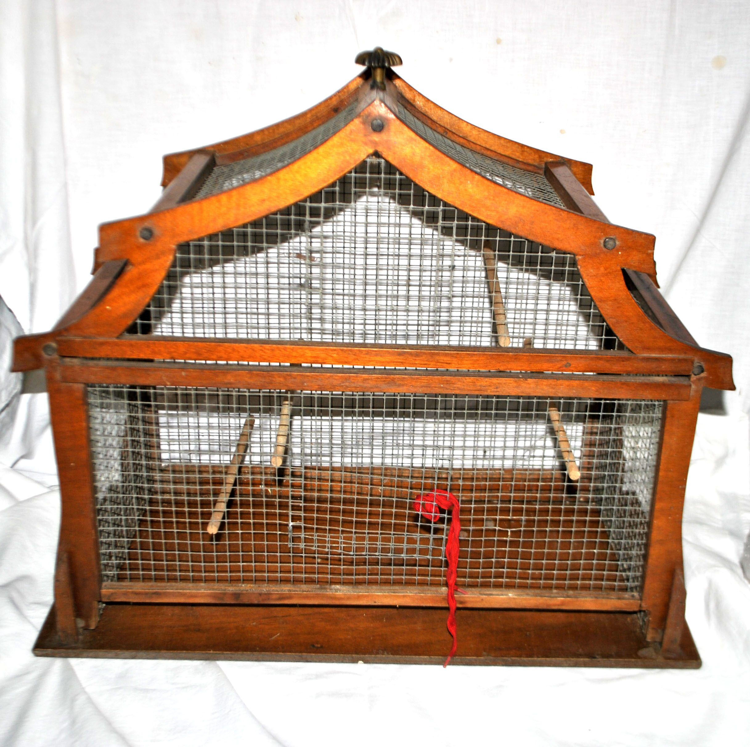 Large vintage wooden birdcage with metal mesh - Handmade 1960s