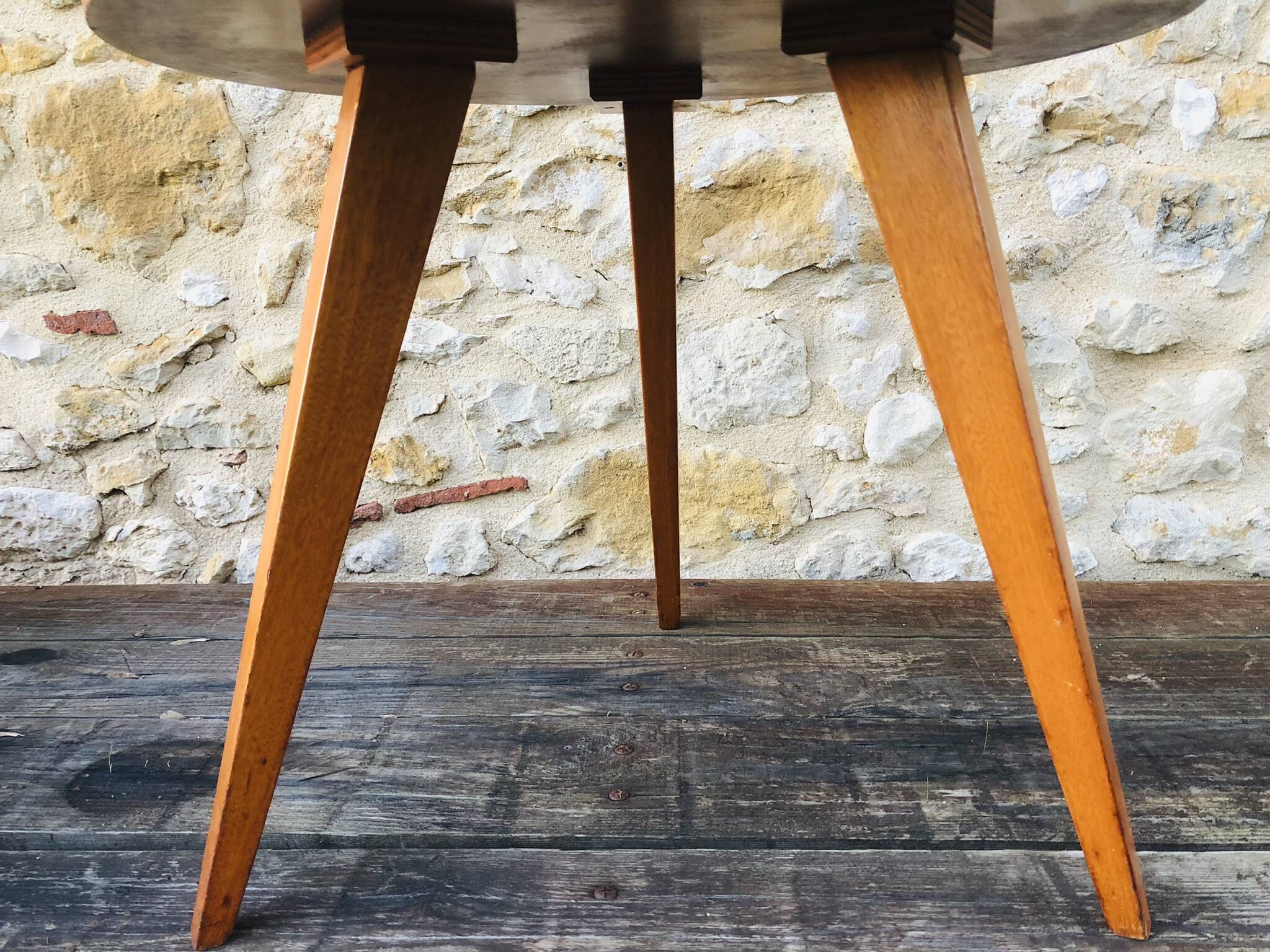 Vintage round coffee table, oak tripod legs circa 60