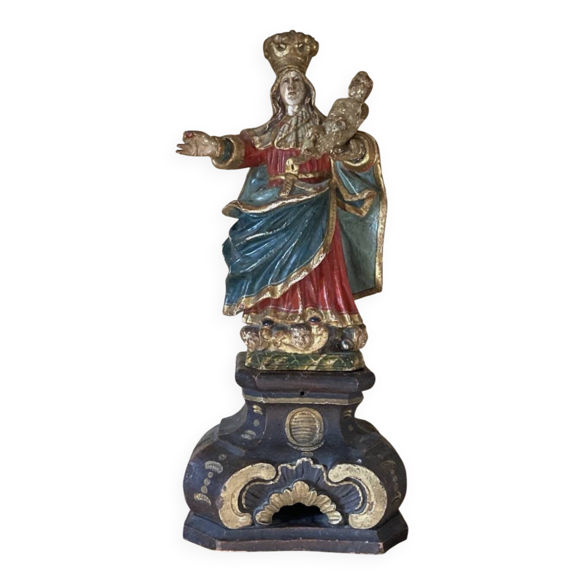 Vierge à l’Enfant – Sculpture ancienne en bois polychrome – XVIIIe / XIXe s