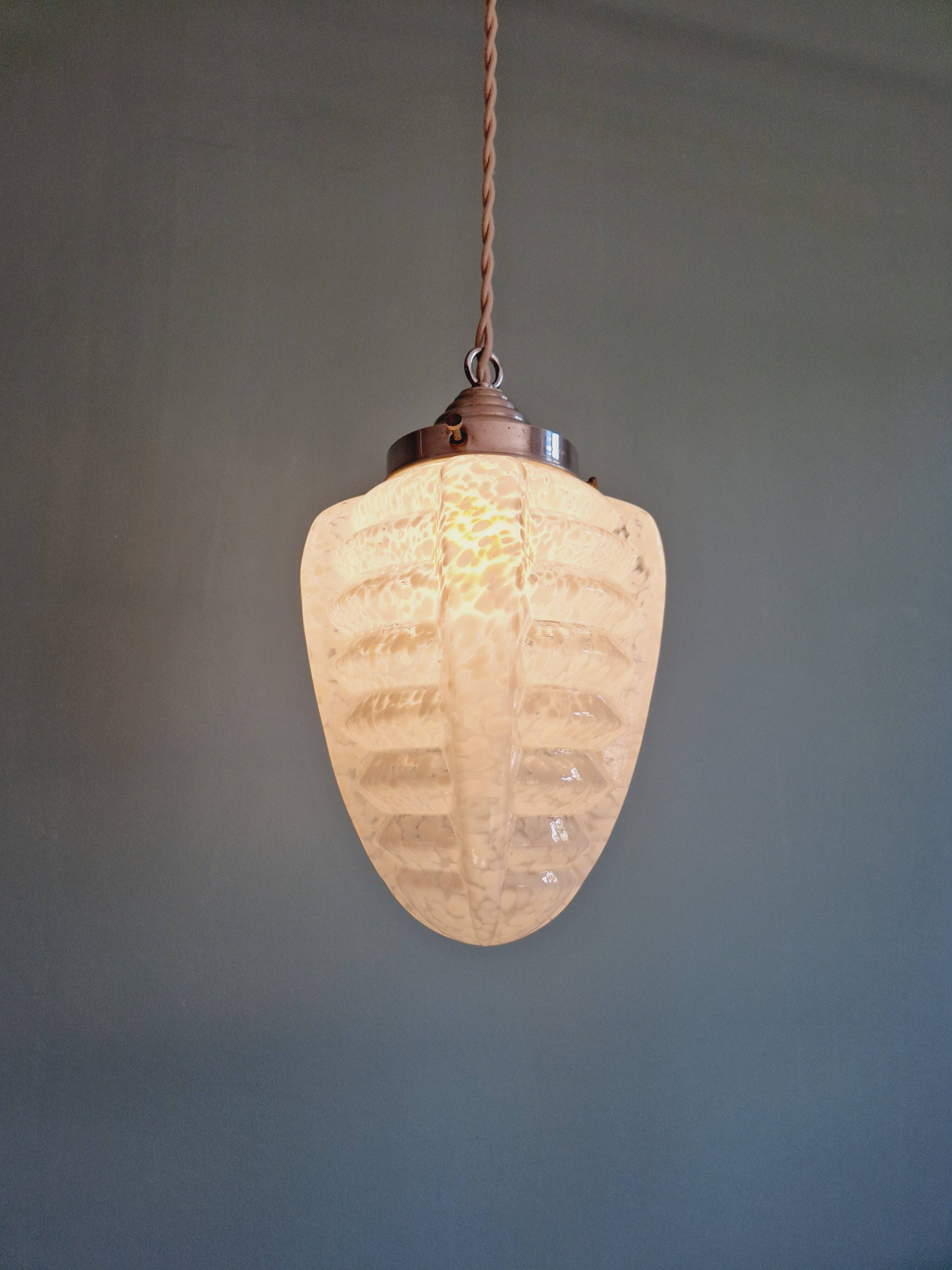 Art Deco pendant light in white speckled glass, 1920s-30s