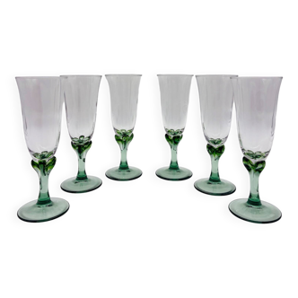 6 vintage champagne flutes, green stem, France