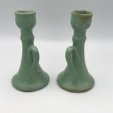 Pair of vintage table candle holders in green enameled ceramic