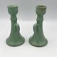 Pair of vintage table candle holders in green enameled ceramic