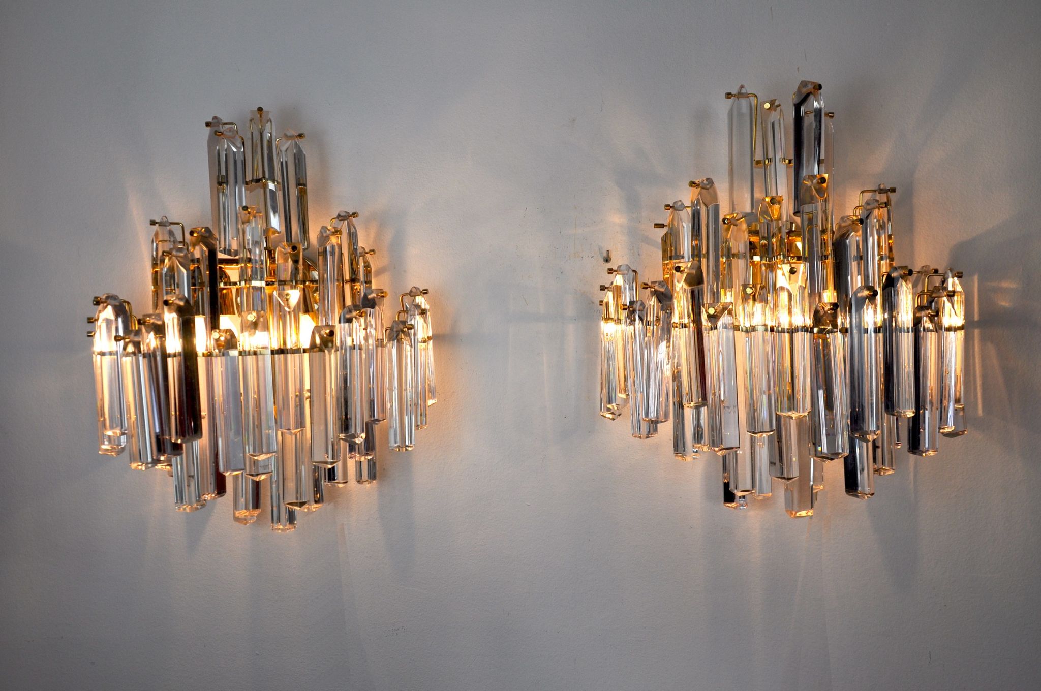 Pair of venini wall lamps, 3 levels, murano glass, italy, 1970