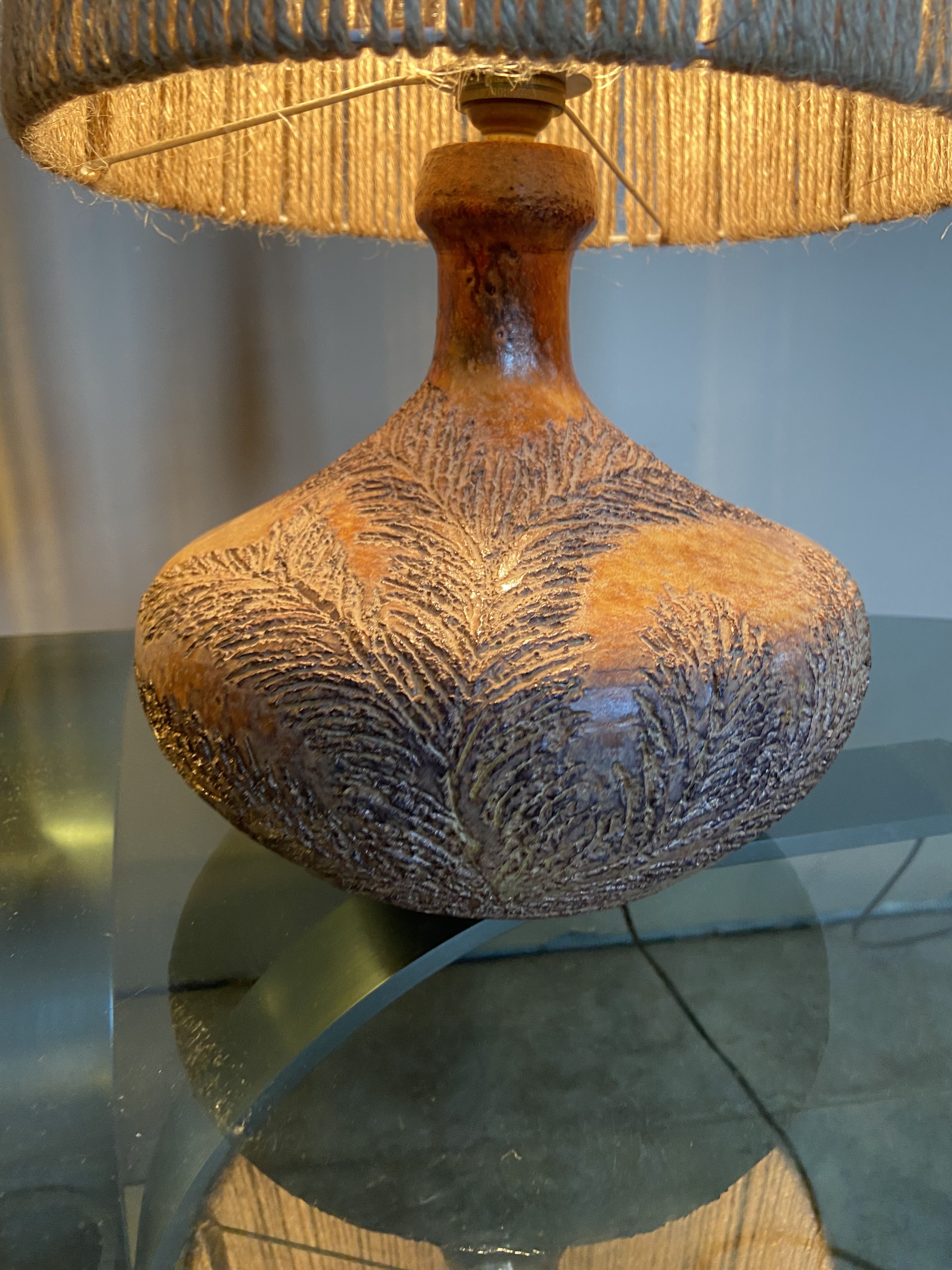 Pair of vintage Vallauris scarified seagrass stoneware lamps and rope lampshade