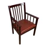 Varnished mahogany armchair with imitation leather seat, 70s