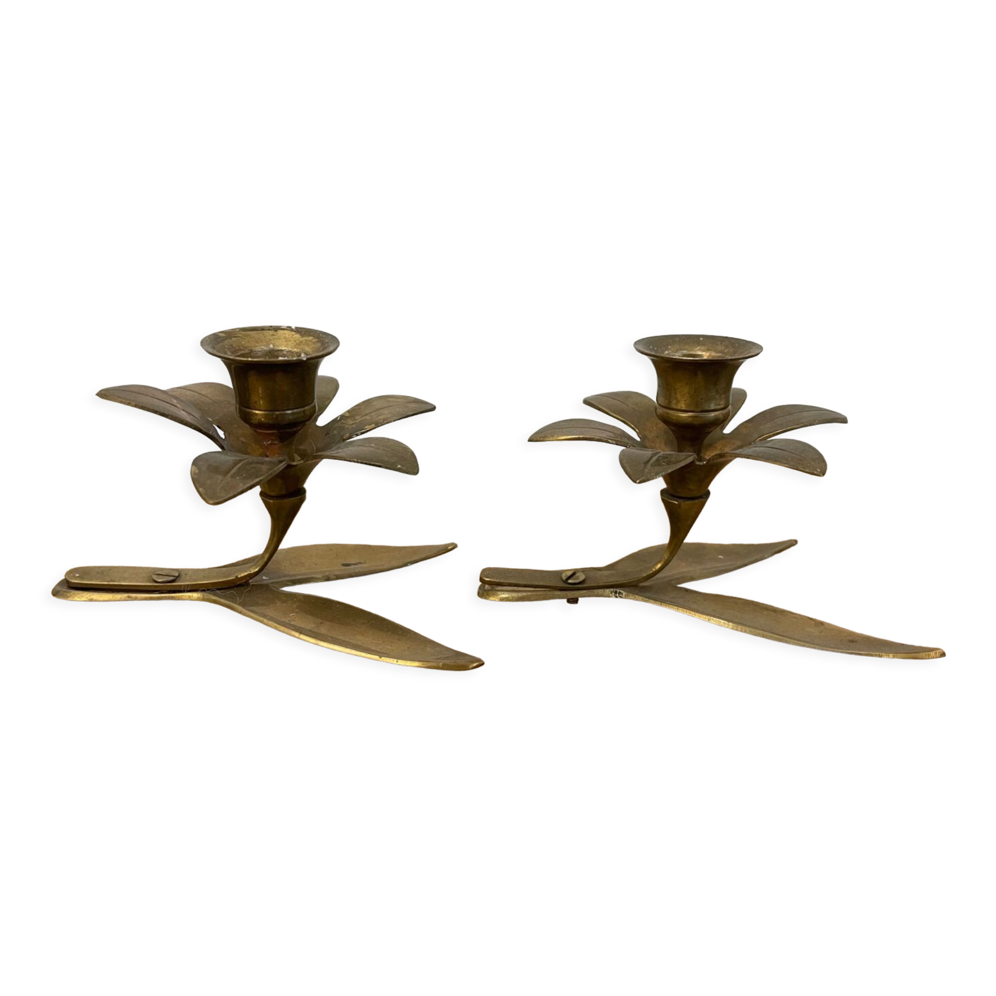 Pair of brass flower candlesticks