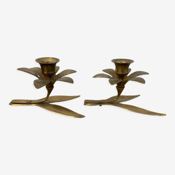 Pair brass flower candle holders