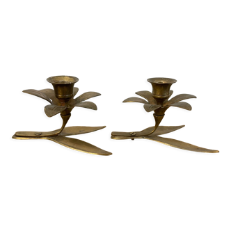 Pair brass flower candle holders