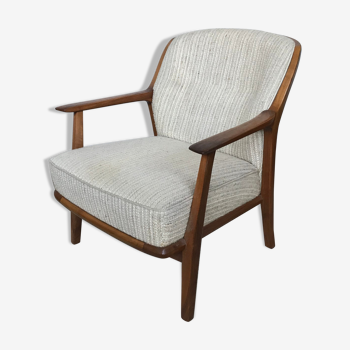 Fauteuil scandinave en noyer tissu écru 1950