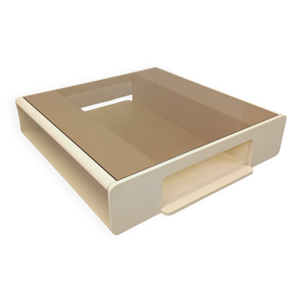 Square vintage Space Age coffee table in white wood and smoked glass.