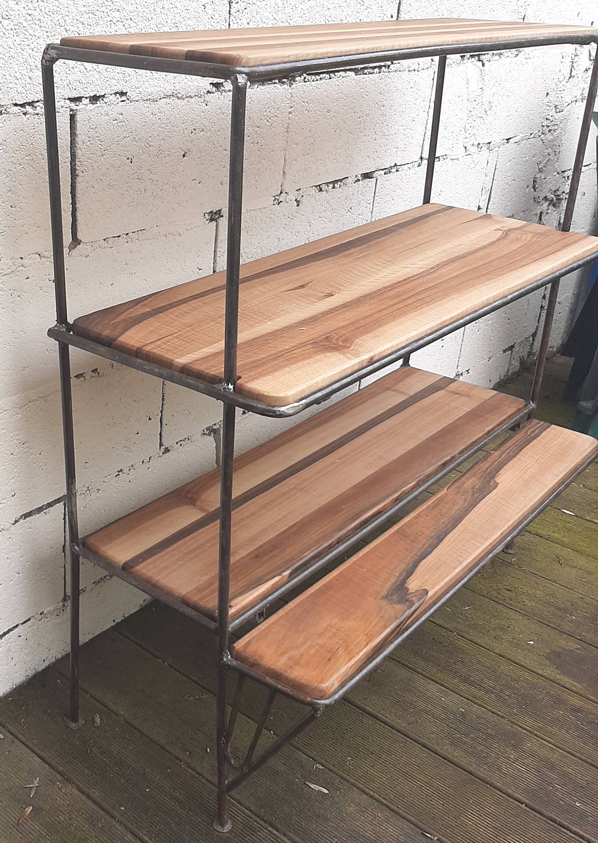 Wrought iron shelf, 3 walnut shelves