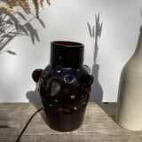 Brutalist lamp in black / brown ceramic openwork 1970