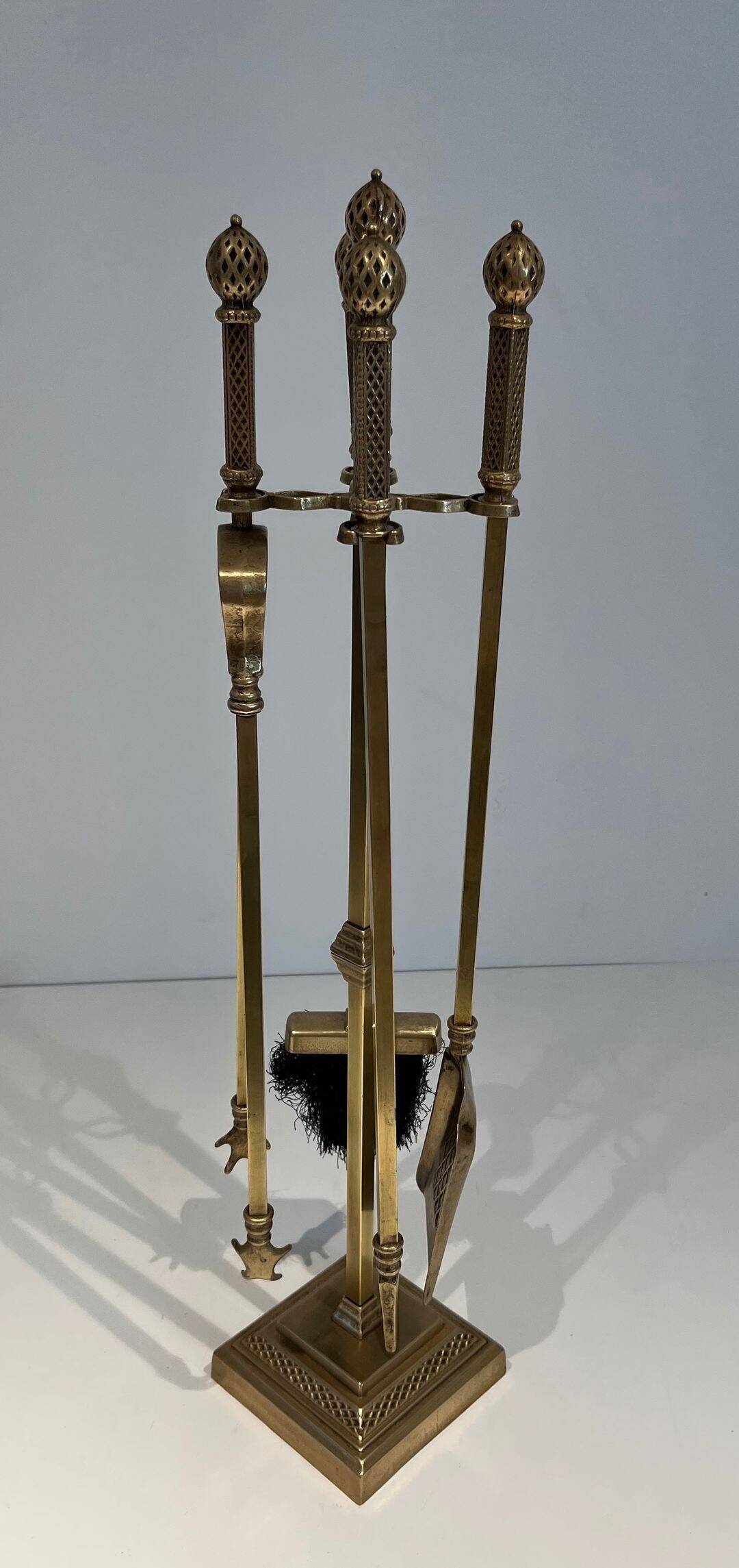 Neoclassical Fire Set in Bronze and Brass Finely Chiseled