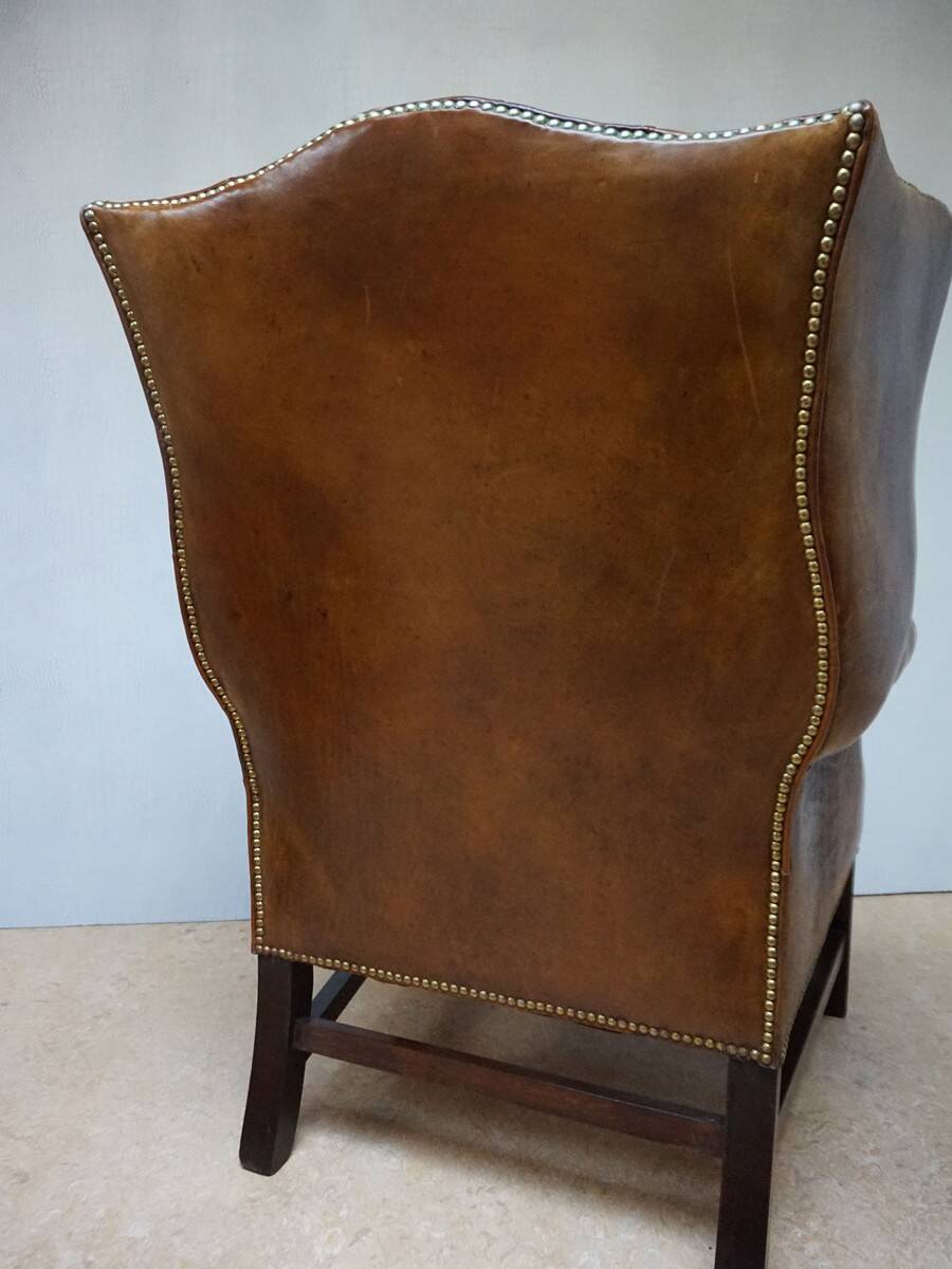 Vintage Cognac Leather Wingback Chesterfield Armchair, England 1940s