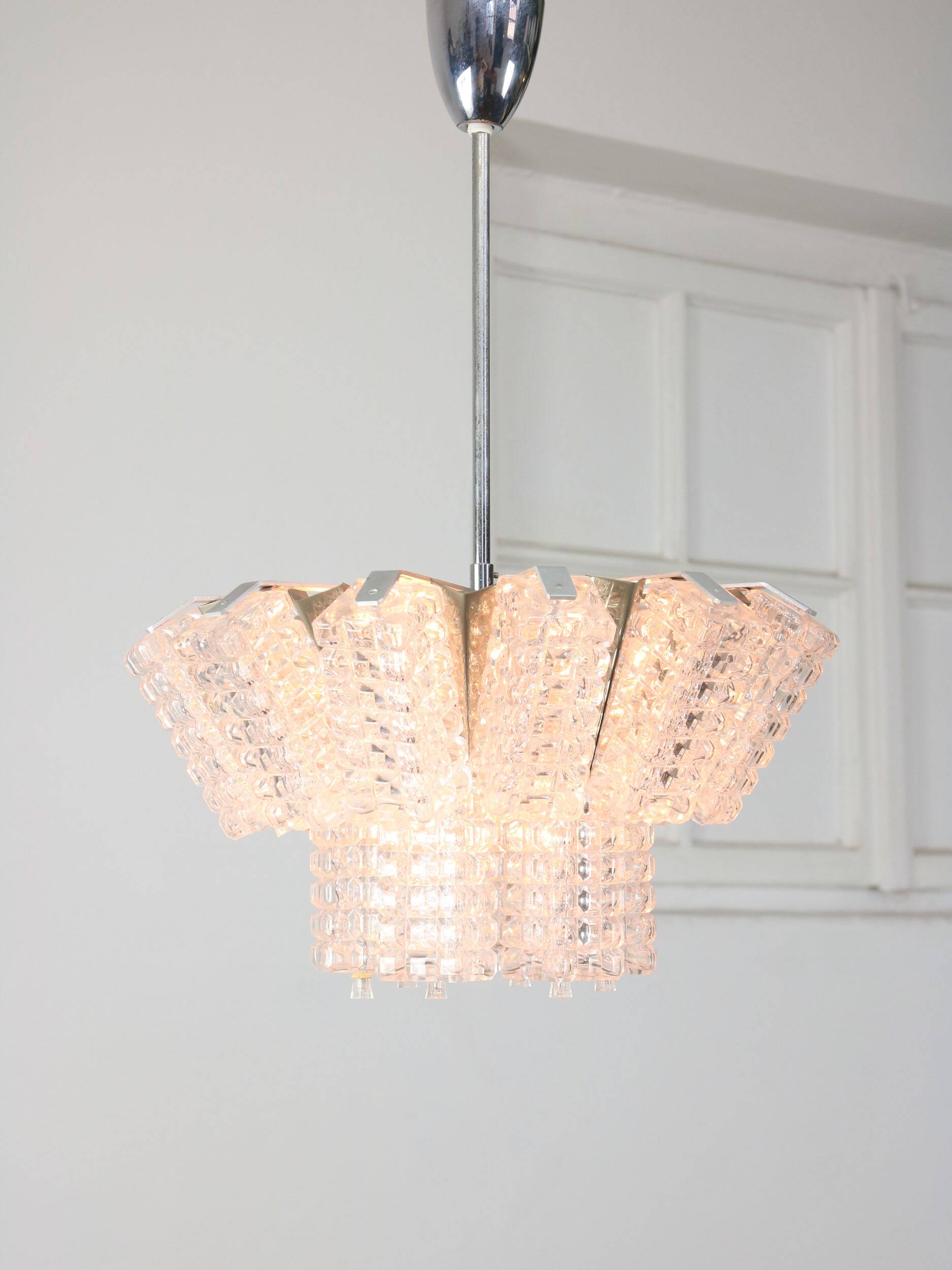 Vintage Austrolux Glass Chandelier: Mid-Century Chrome Pendant Light
