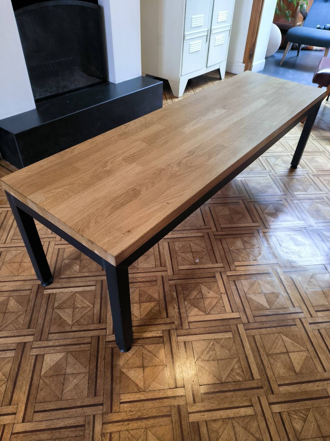 Large oak and steel bench