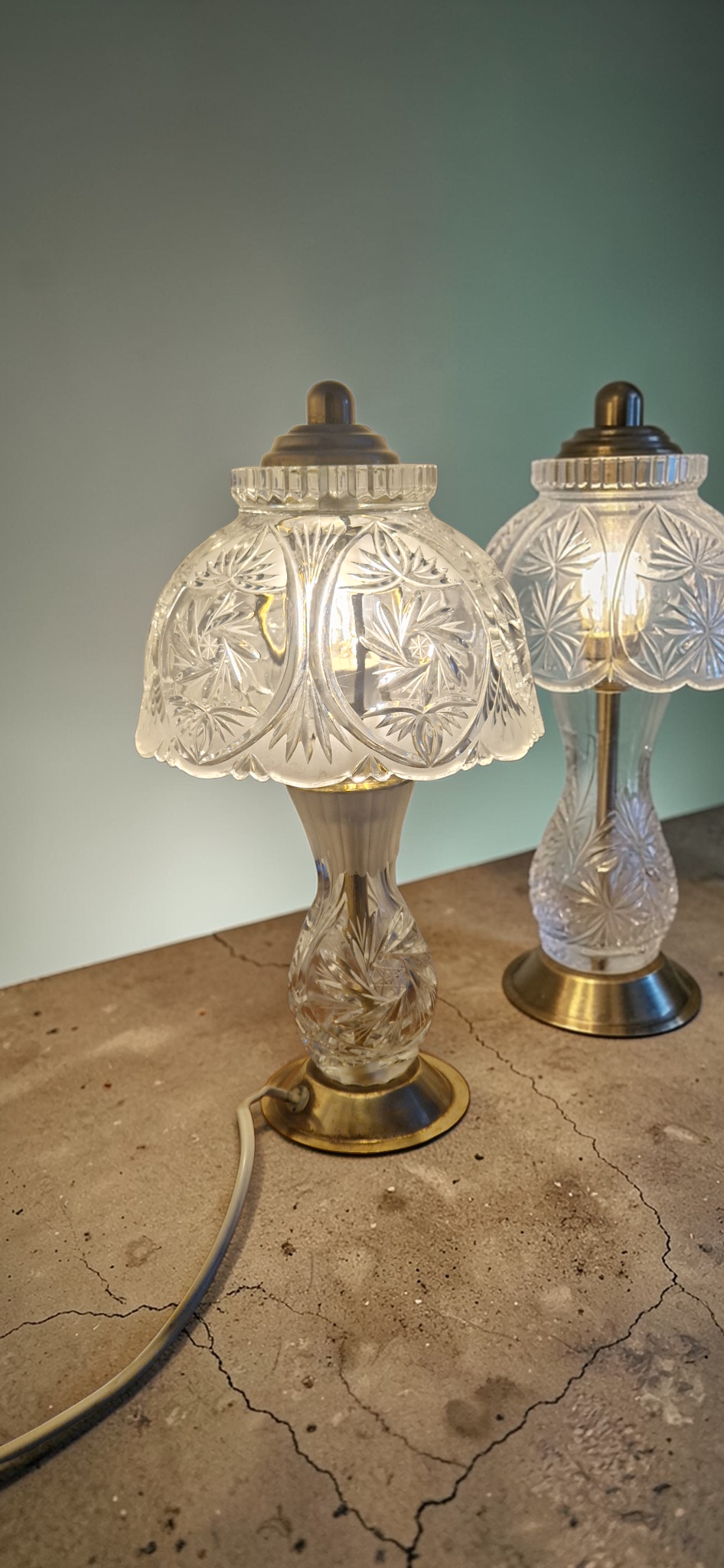 Pair of cut crystal and brass lamps - European production 1950