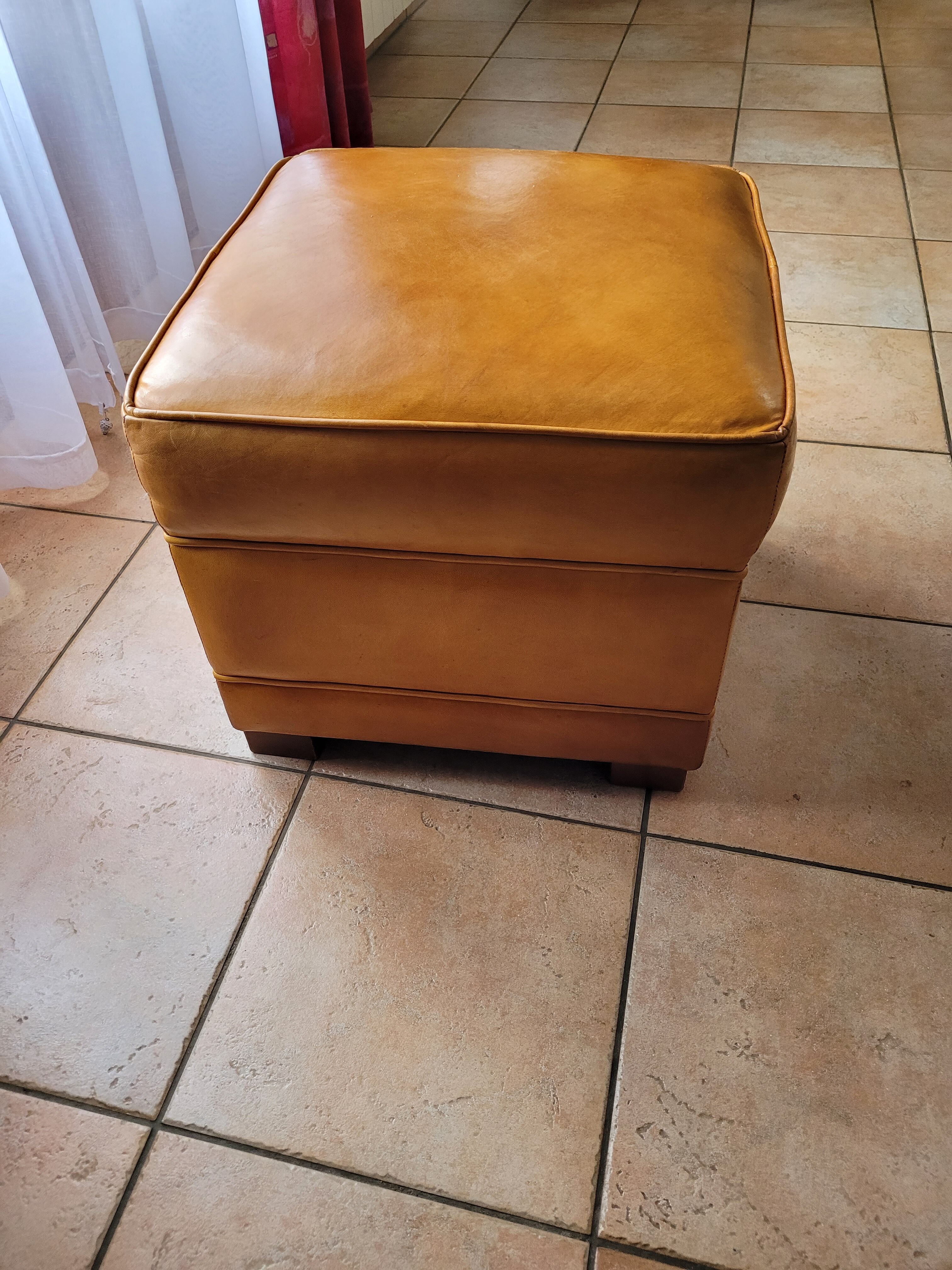 Leather club armchair and its pouf