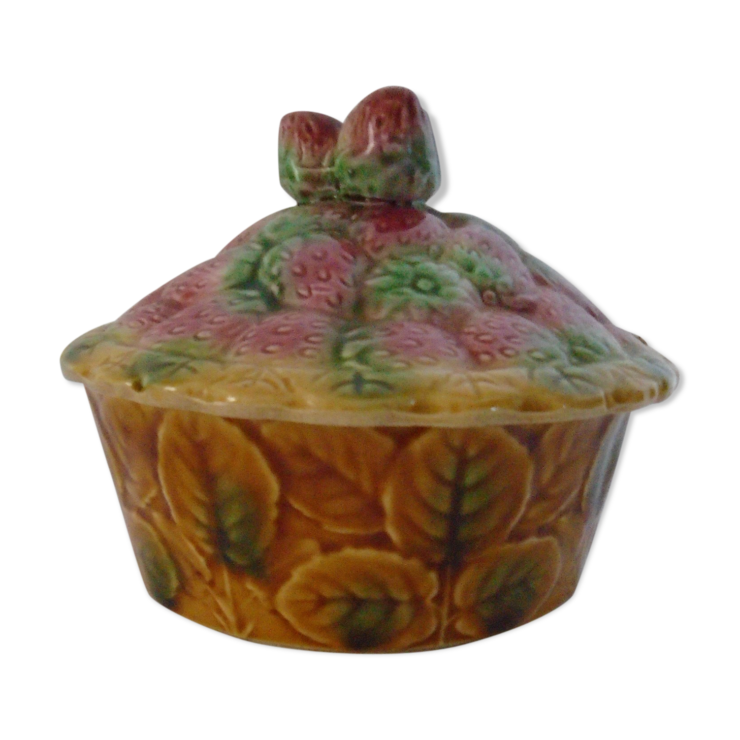 Confiturier cup pot barbotine faience of Sarreguemines strawberry decoration