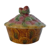 Confiturier cup pot barbotine faience of Sarreguemines strawberry decoration