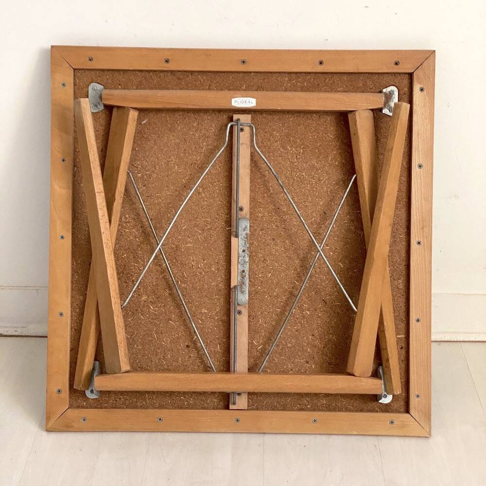 Folding Coffee Table "PLIDEAL" Beech & Black Faux Leather 50s Vintage