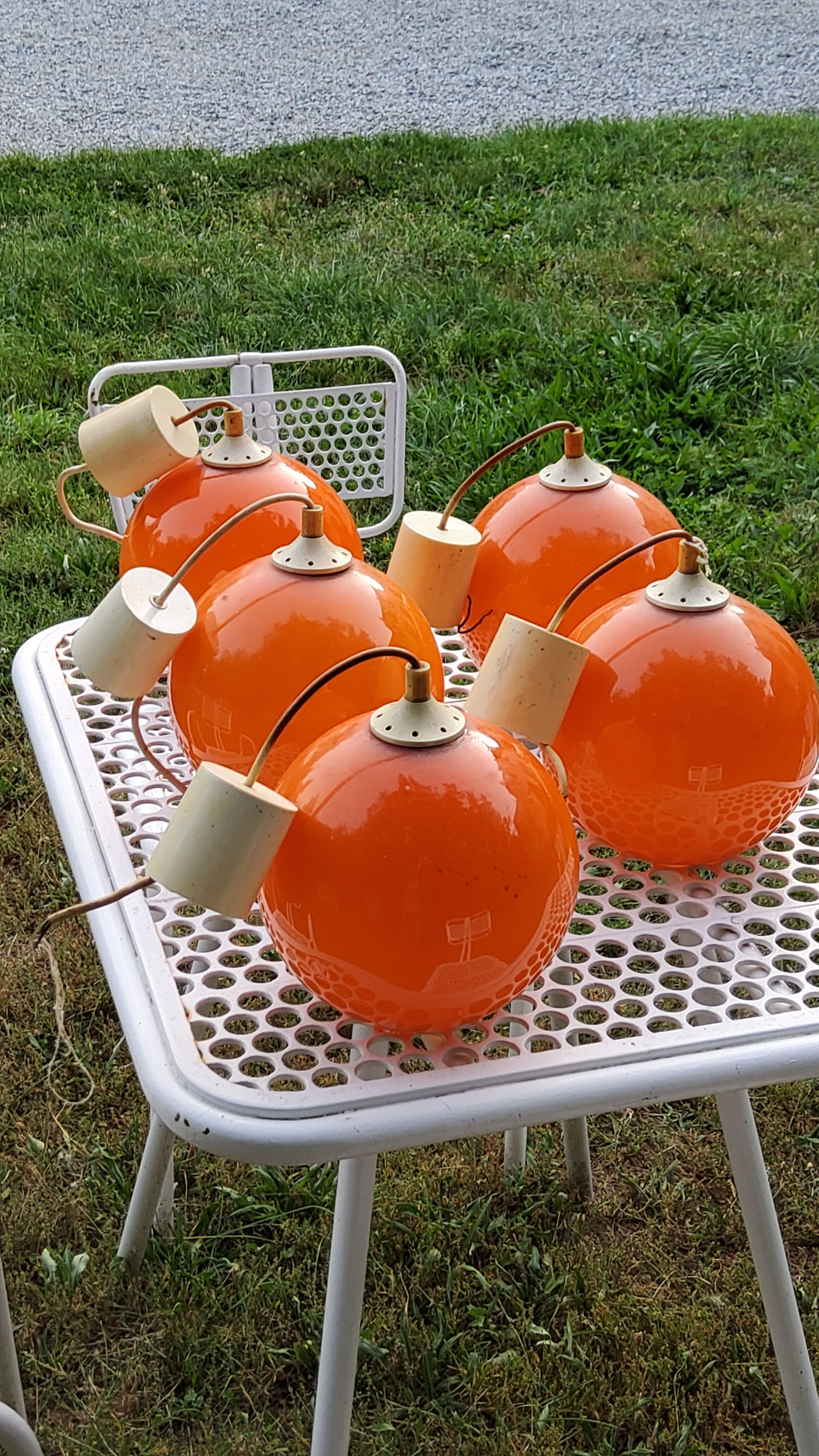 Set of 5 orange glass ball pendants from the 70s