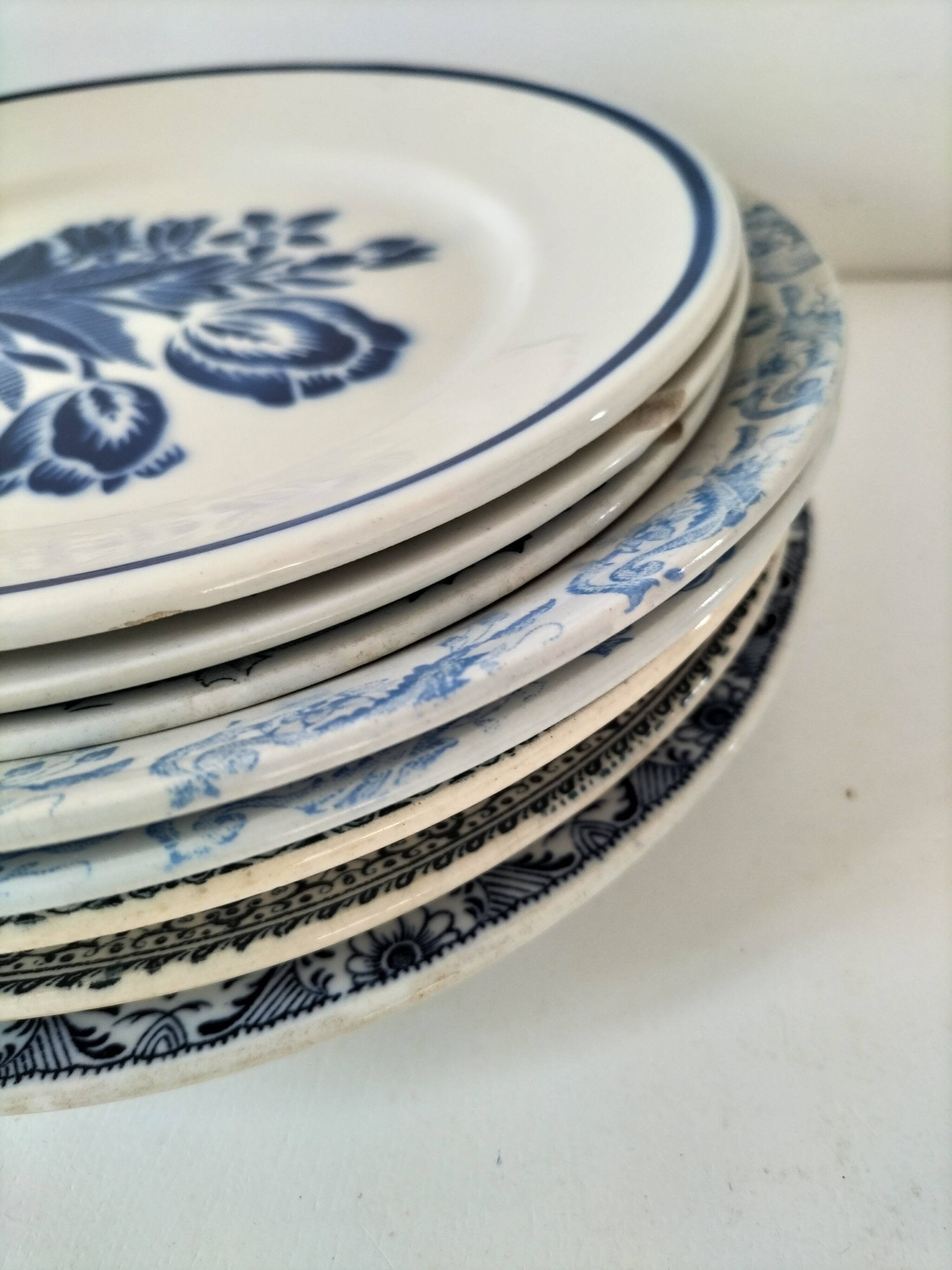 8 ironstone plates from the 19th century in blue camaïeu, mixed manufacturers.
