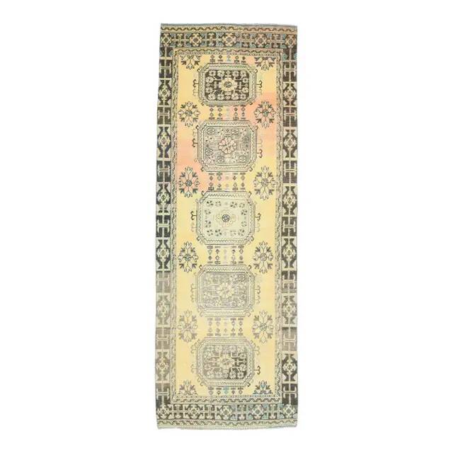 1970s Vintage Turkish Hand-Knotted Wool Cotton Orange Runner Rug 120x348