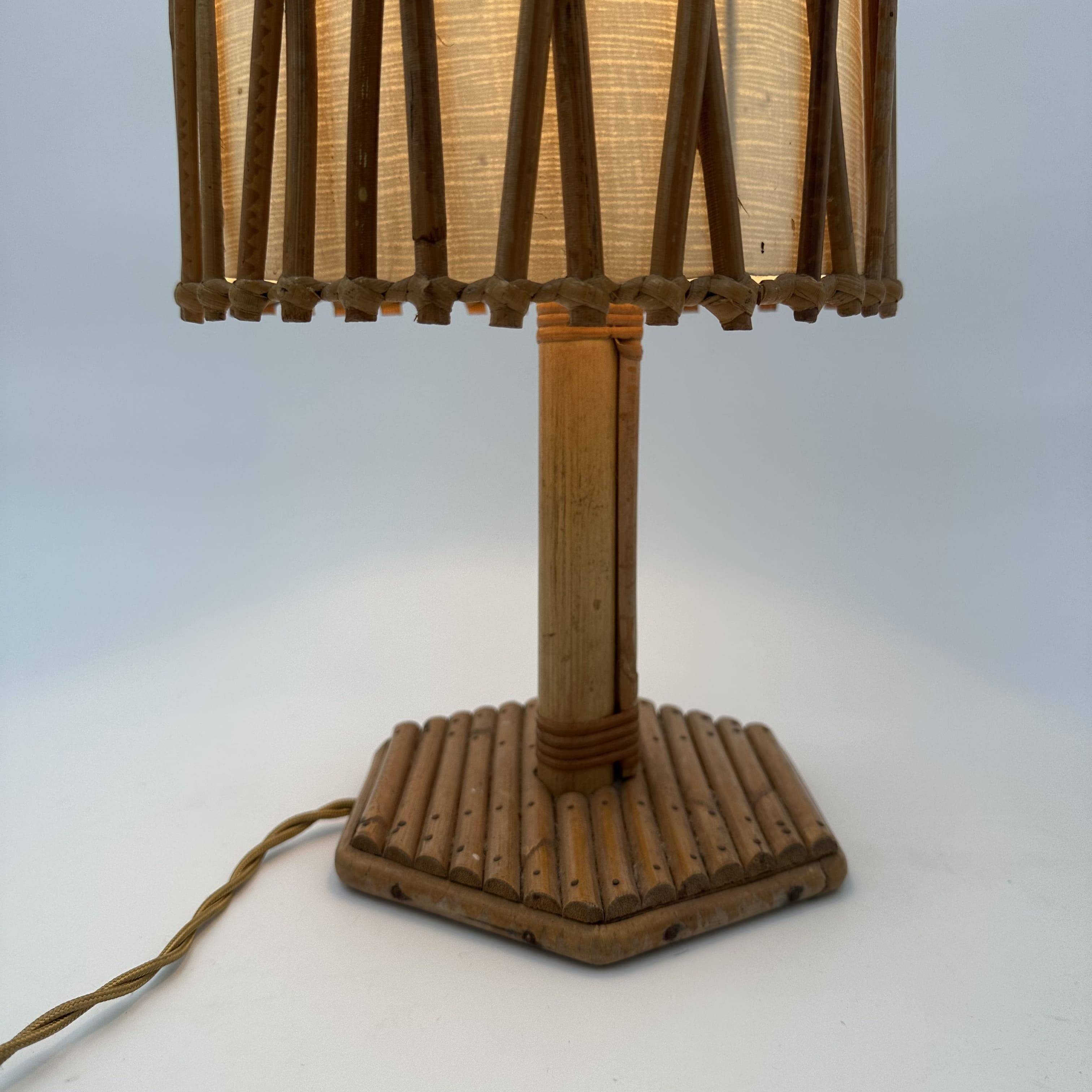 Rattan Table Lamp with Crosshatch Shade, Attributed to Louis Sognot,
