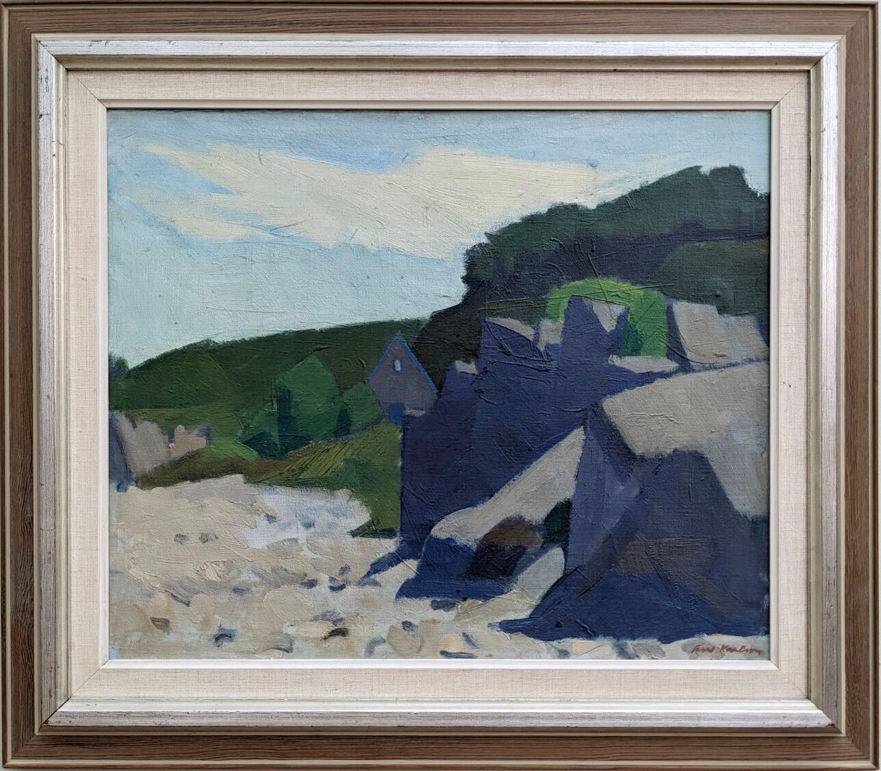 Mid-Century Modern "Outcrop" Swedish Landscape Oil Painting, Framed