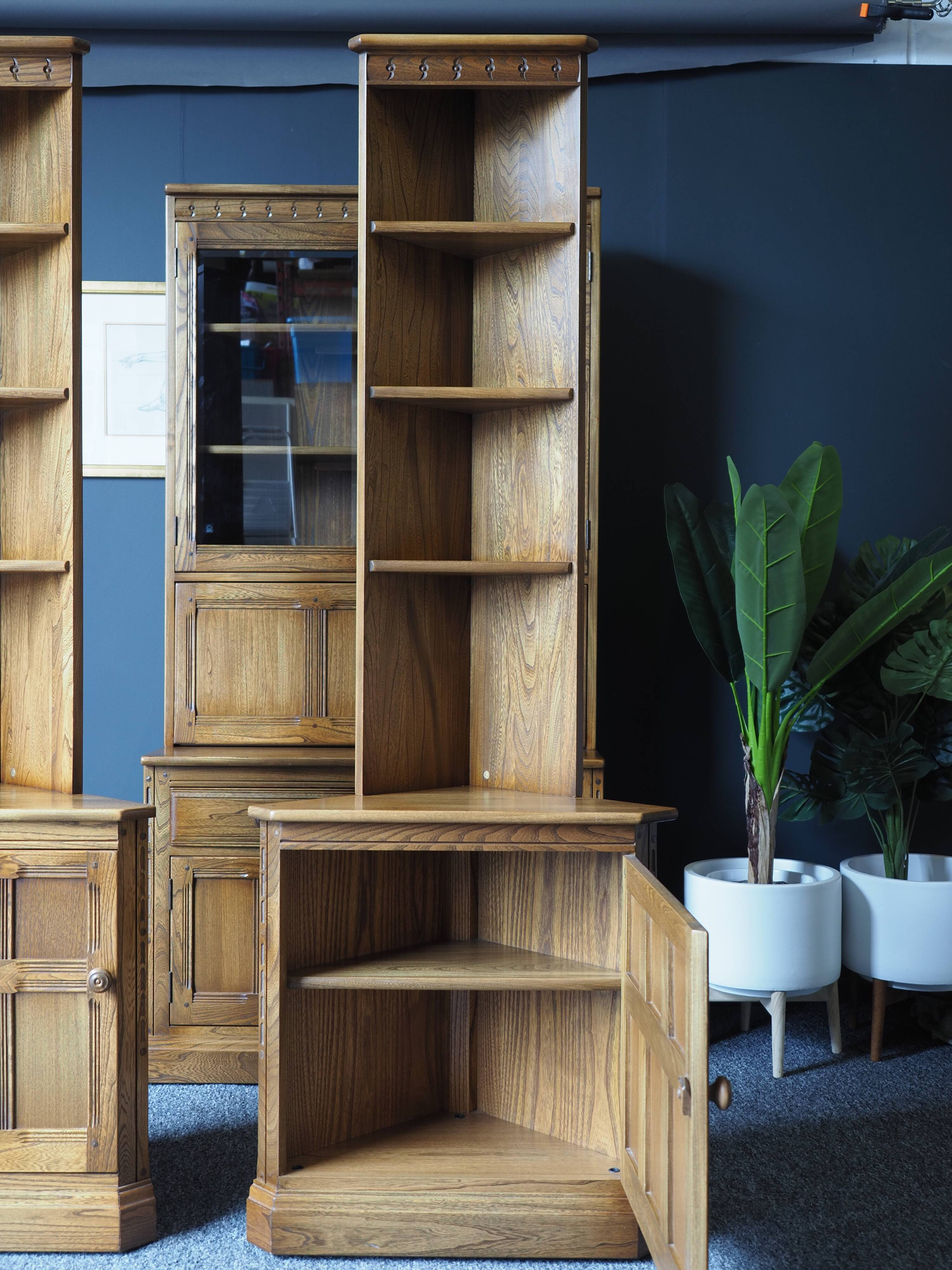 Pair of Ercol golden dawn corner cabinets elm mid century