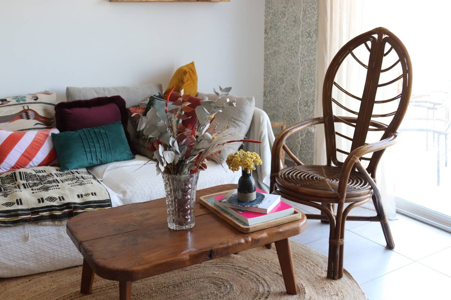 Fauteuil feuille bambou et rotin 1970 vintage