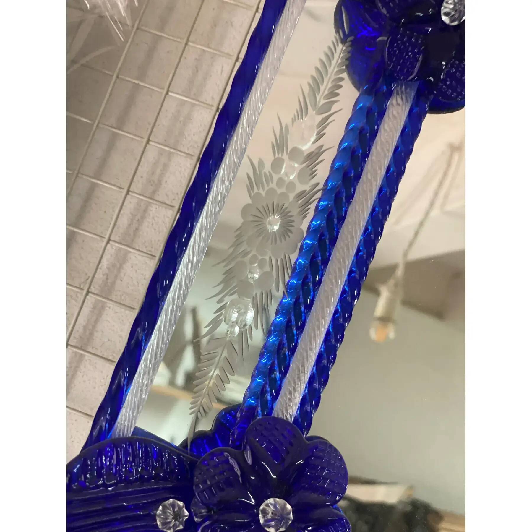 Elegant Italian Octagonal Murano Glass Mirror with Blue Floral Carved Detal