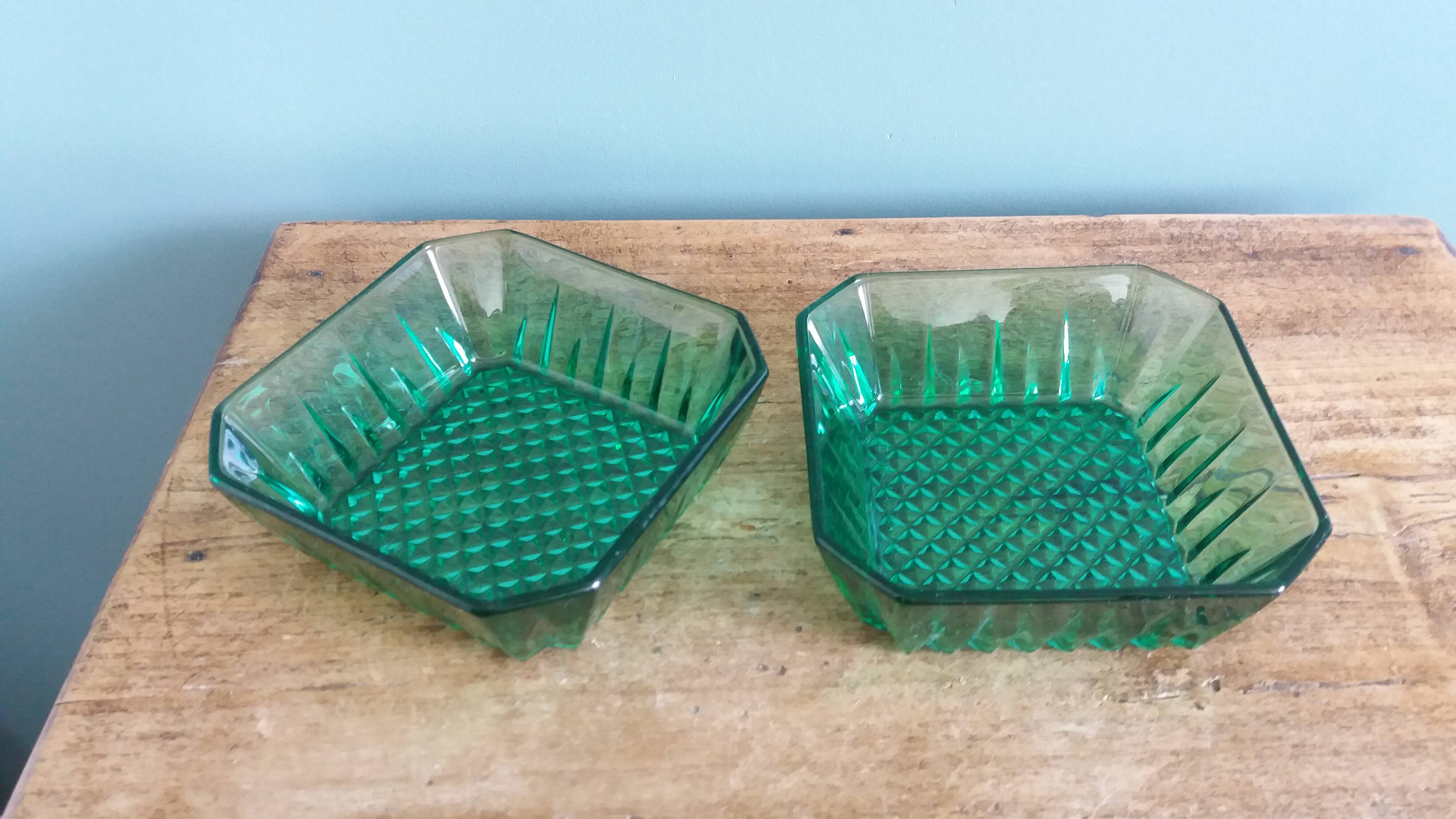 Emerald green glass ramekins Arcoroc, crystal glassware from Arques.